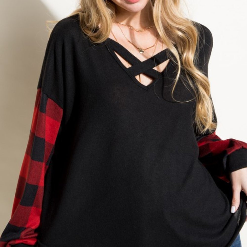 Buffalo Plaid Sleeve Criss Cross Tunic - Picture 7 of 7